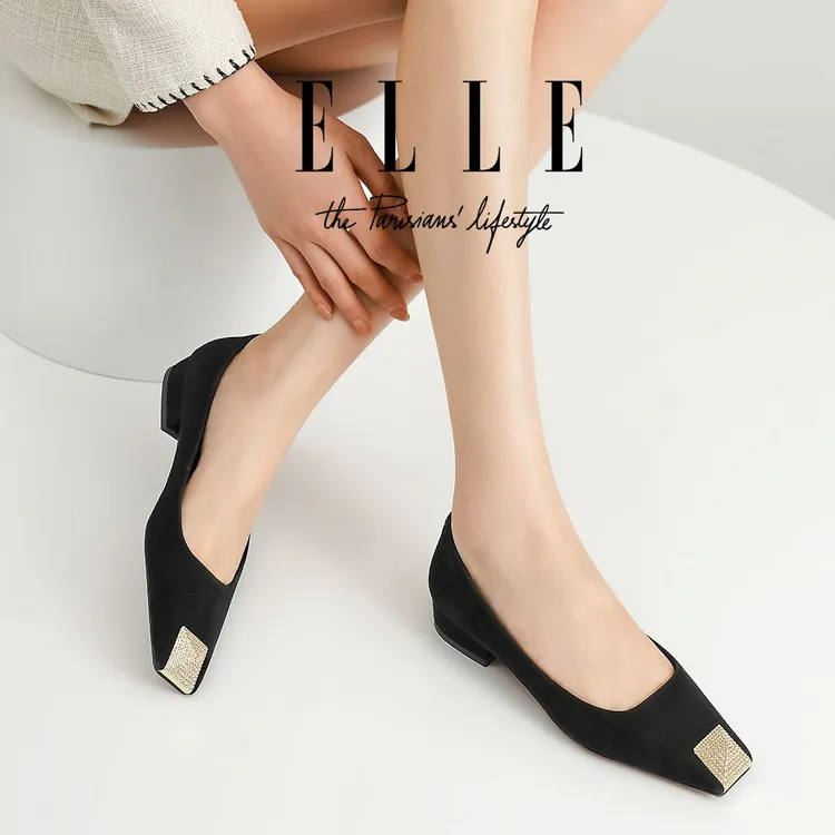 ELLE法式羊皮金属铁头黑色绒面高跟鞋女2025新款气质浅口通勤单鞋
