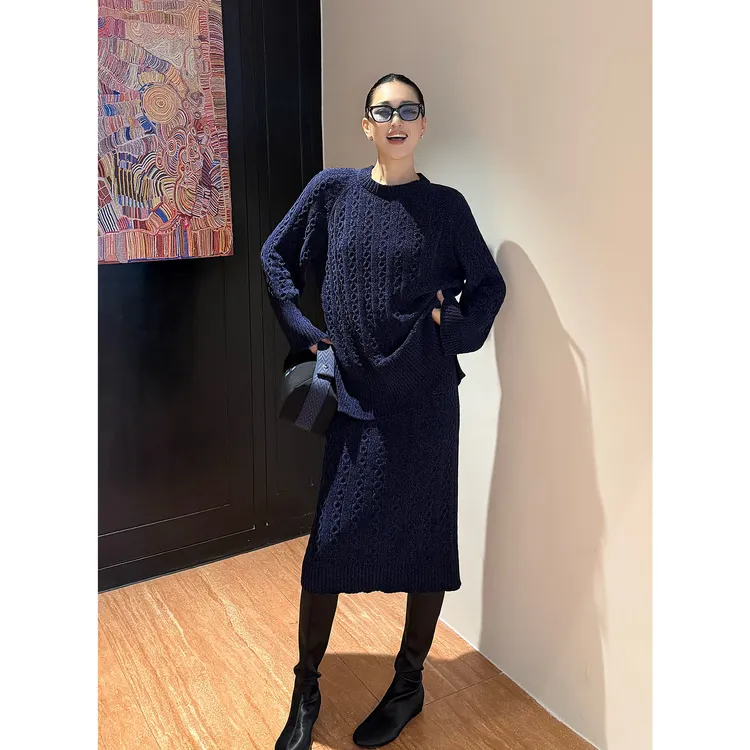 紫紫   绞花蓝套装  勿机洗复古绞花花纱慵懒时装套装ZD11TMYL881