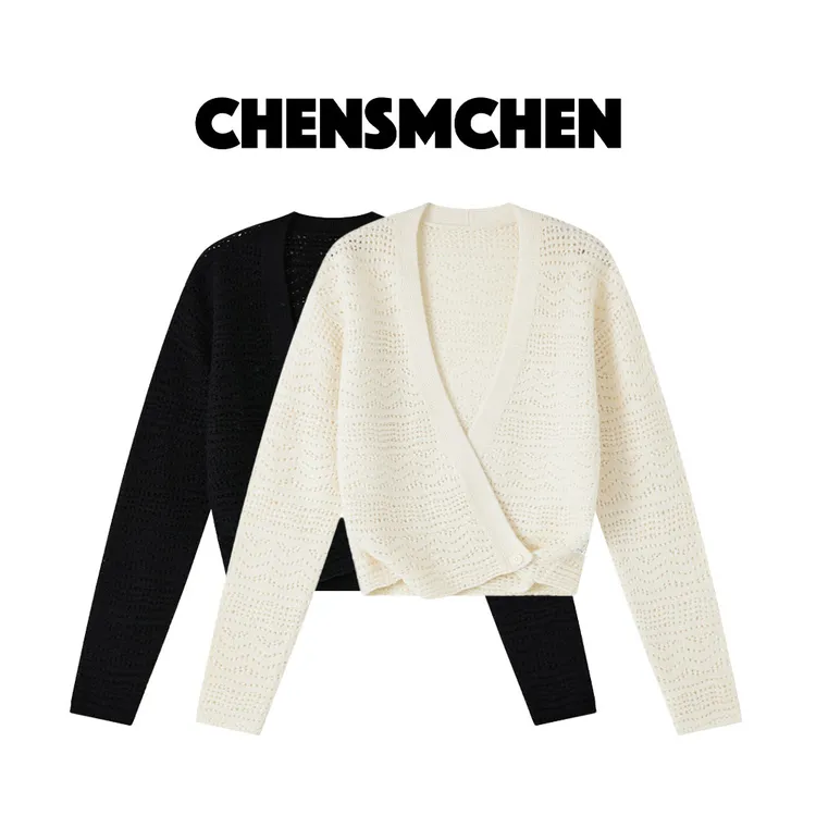 CHENSMCHEN 100绵羊毛大V领针织衫女春季纯色宽松上衣CSZ1011SL