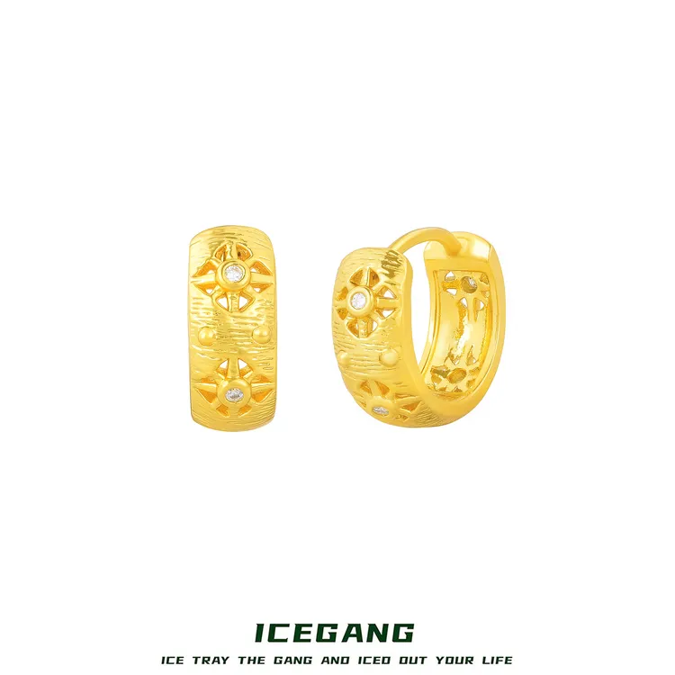 ICEGANG 925银合成锆石耳饰 手工拉丝八芒星耳钉布布风耳扣S925
