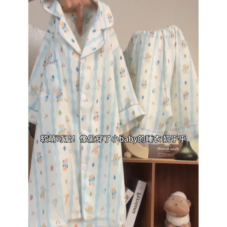 睡衣女夏季薄款短袖长裤可爱甜美2025新款春秋家居服三件套装小熊