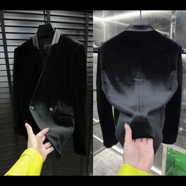 秋季轻奢男士高品质丝绒拼皮修身西服99129