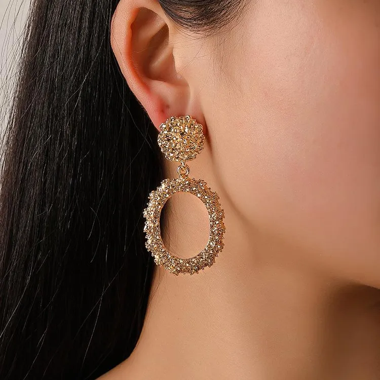 铜合金锆石耳饰 新品个性几何磨砂耳钉夸张圆圈浮雕女士耳环耳圈