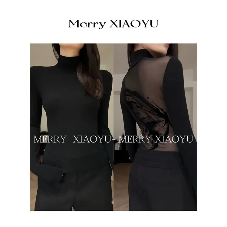 小鱼【时髦赢家】小众设计辣妹性感黑色蝴蝶印花显瘦修身上衣