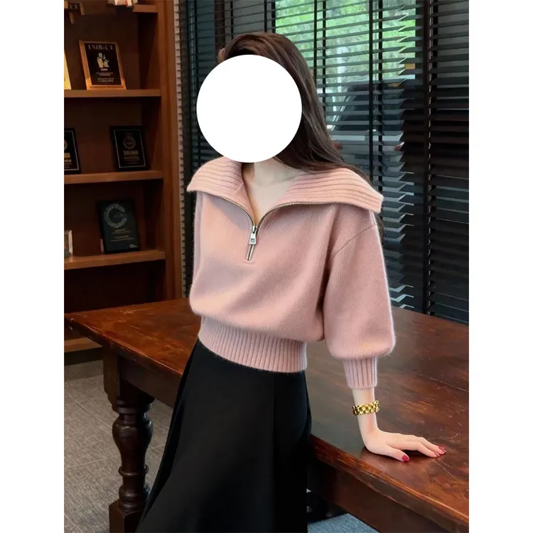 韩系慵懒风半拉链翻领针织衫女秋冬新款大码胖MM气质百搭显瘦上衣