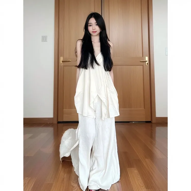 慵懒风休闲套装夏季宽松V领吊带上衣低腰拖地感阔腿裙裤两件套女