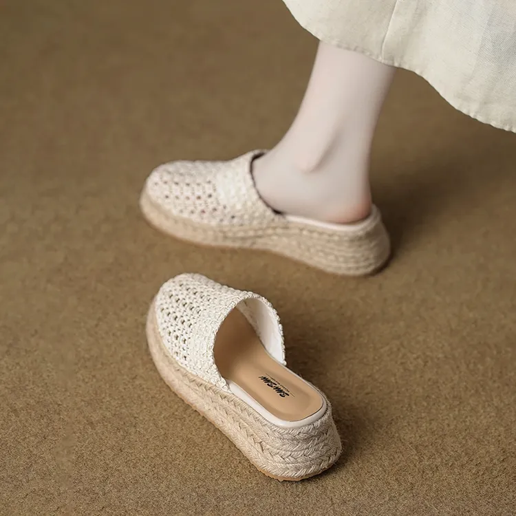 梦孜百丽厚底包头拖鞋女夏外穿2025新款高跟编织半拖鞋凉拖配裙子