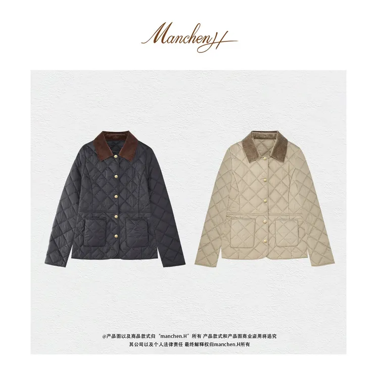曼辰manchenh"轻暖立方"灯芯绒领拼接全菱格绗线轻量保暖棉服