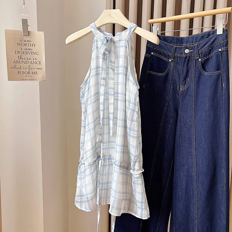 法式蓝色格子挂脖背心女2025新款夏季气质甜美显瘦吊带裙无袖上衣