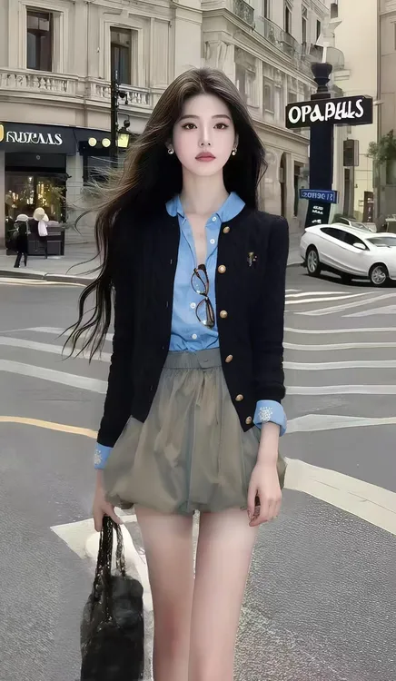 秋季小香风休闲通勤蓝色衬衫+黑色长袖单排扣开衫+高腰半裙三件套