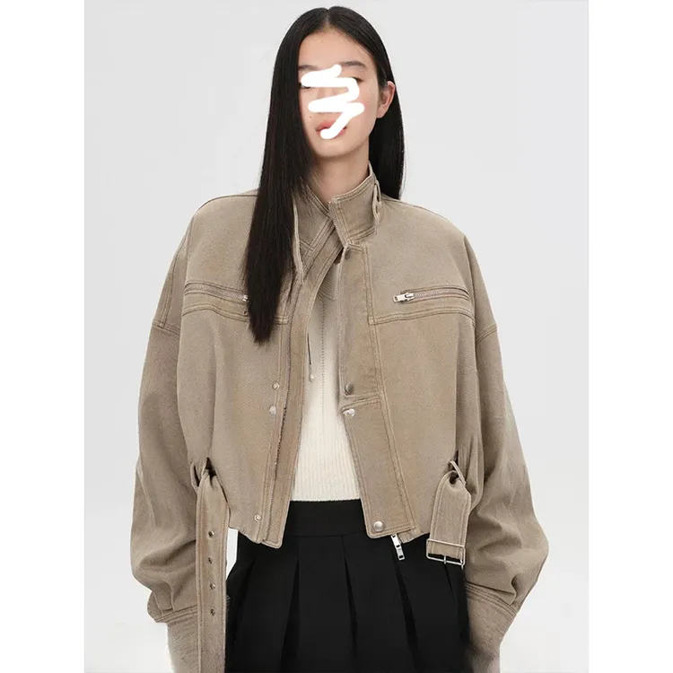 韩系复古巴恩风立领短款外套女2025早秋新款设计感机车夹克上衣潮