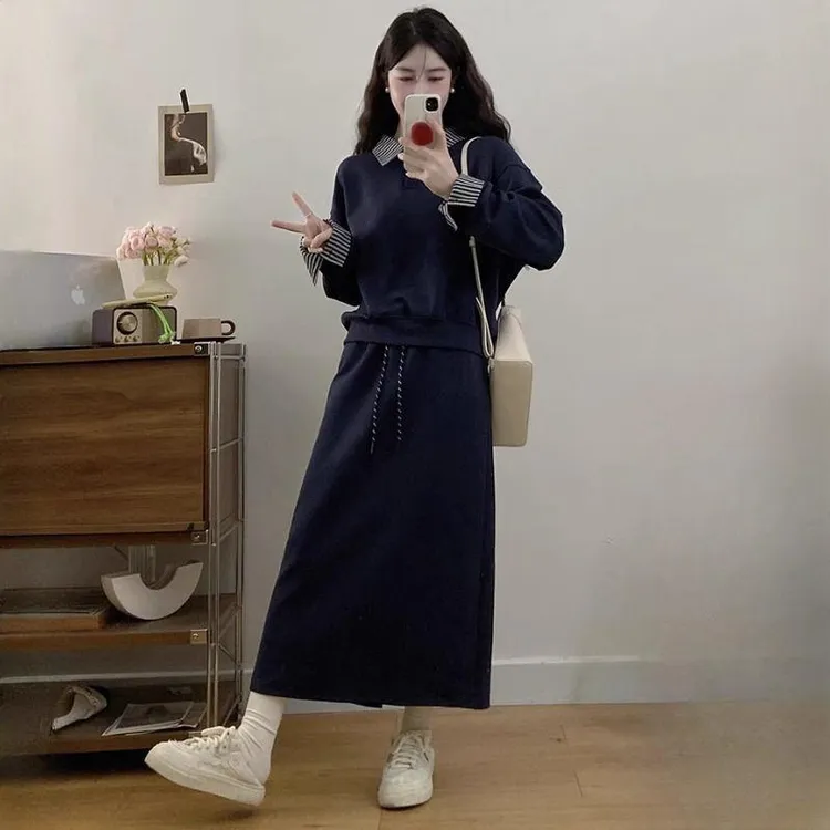 2025春秋季新款女士休闲时尚拼接卫衣宽松显瘦半身裙穿搭两件套装