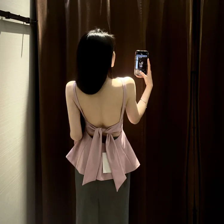 【春日心动】春夏小众露背蝴蝶结设计感吊带背心辣妹修身百搭短上衣