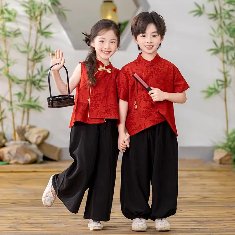 FAVMARTHA~儿童夏季汉服红色表演服男孩古风唐装幼儿园班服女童新