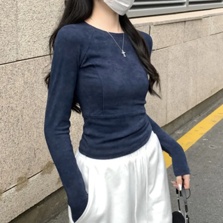 藏蓝色扎染长袖t恤女2025秋季新款内搭打底衫小个子修身短款上衣