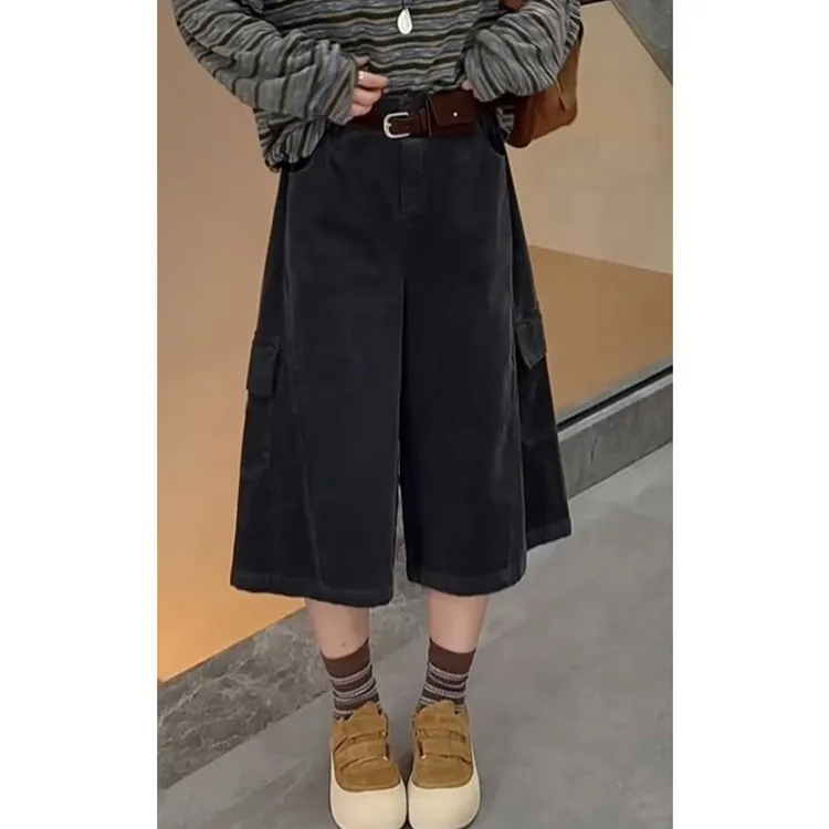 艾塔莉秋季女裤阔腿裤纯色休闲裤子复古百搭小个子七分裤修身高腰