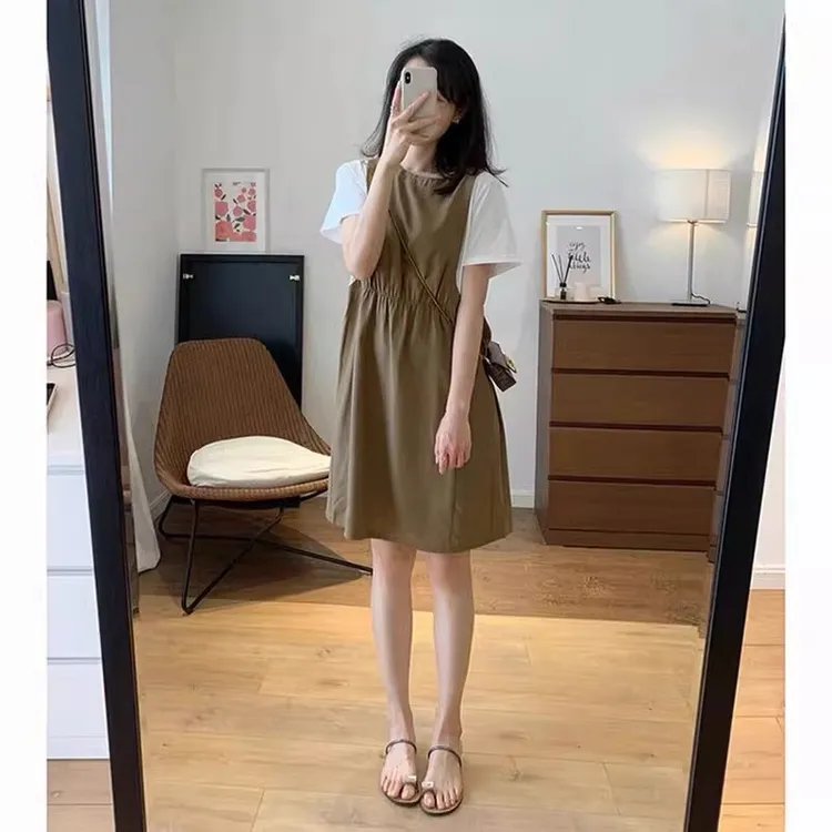 2025年高级感别致设计感小众仙女薄款假两件拼接连衣裙子女装夏季