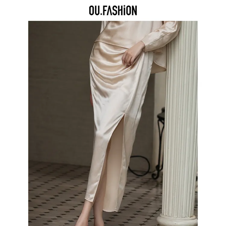 【商场同款】OU.FASHION/欧点醋酸开衩半身裙长裙1112430057