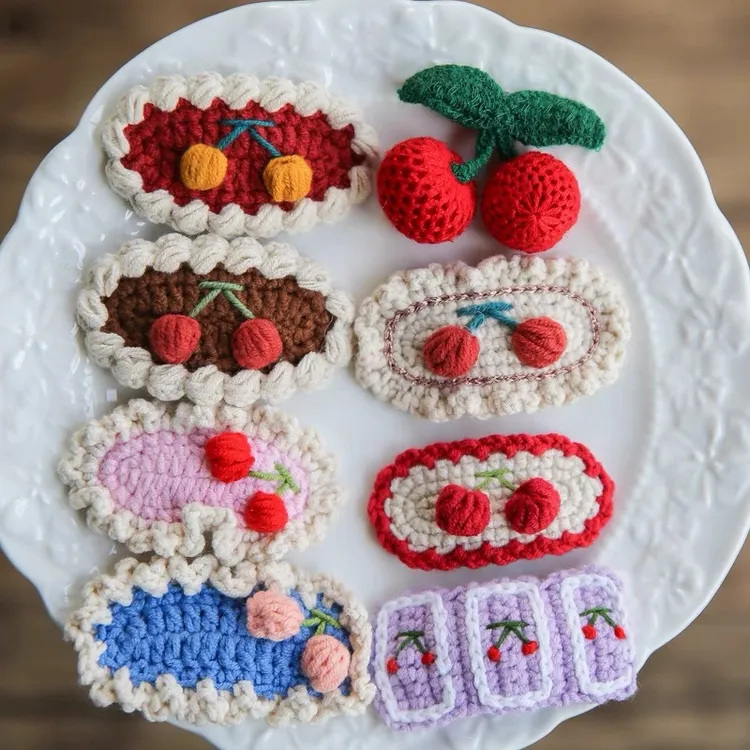 纯手工diy毛线钩织发夹可爱兔耳朵小草立发卡花朵手工毛线BB夹