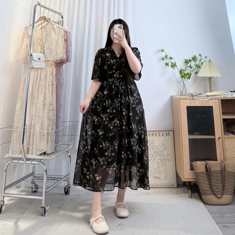 V领气质【绿叶玫瑰】高腰遮肚显瘦纱裙大码胖mm200斤中长款连衣裙