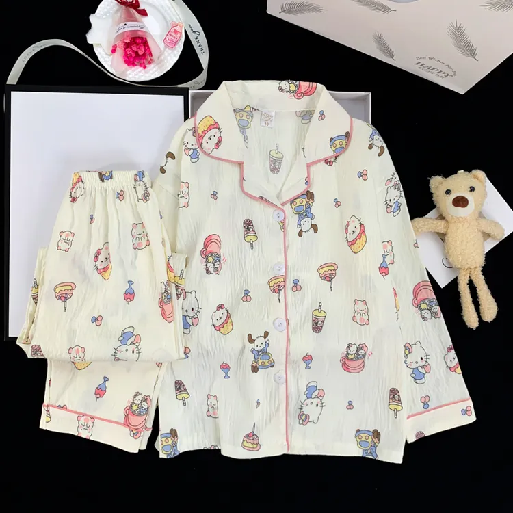简约松弛感卡通三丽鸥秋季长袖长裤儿童睡衣Hellokitty家居服实拍