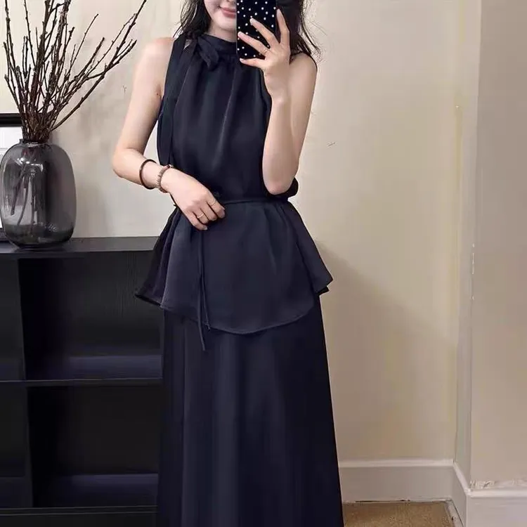 高级夏季缎面背心套装无袖气质宽松上衣半身裙高腰两件套