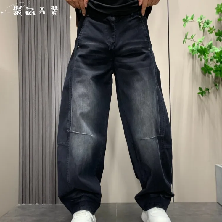 2025美式复古弯刀牛仔裤男款春秋冬季潮牌痞帅宽松直筒男生阔腿裤