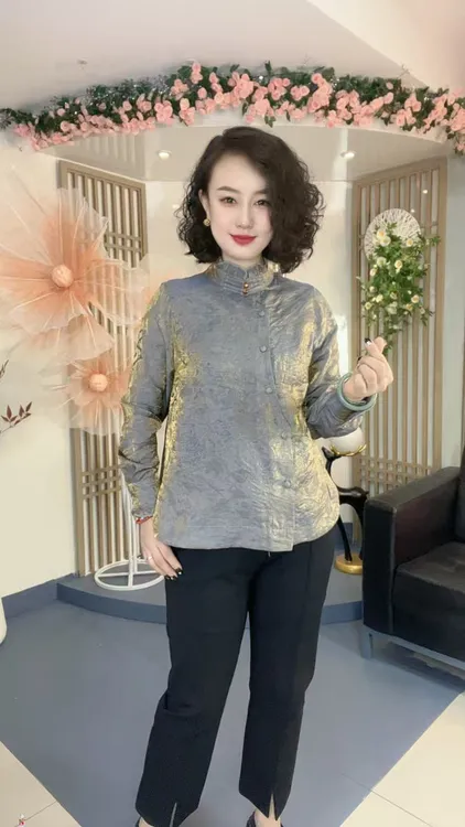 【流光锦】新中式国风复古提花盘扣褶皱木耳边立领长袖衬衫Y9090-1