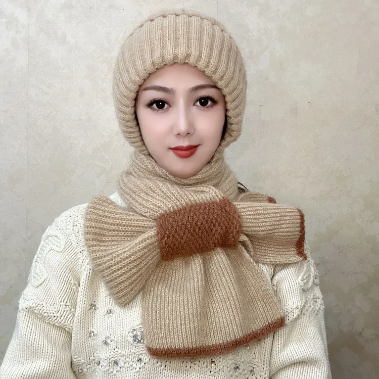 新款双色围巾一体保暖帽百搭绒围冬季加绒毛线帽可扣护耳针织帽子