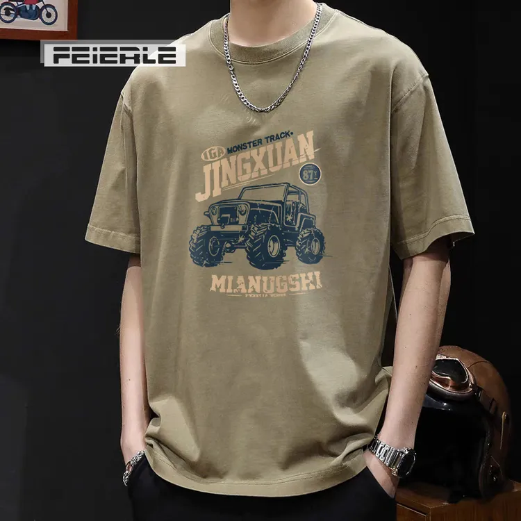 重磅精梳纯棉短袖t恤男百搭韩版宽松潮流纯色圆领打底短袖-越野车