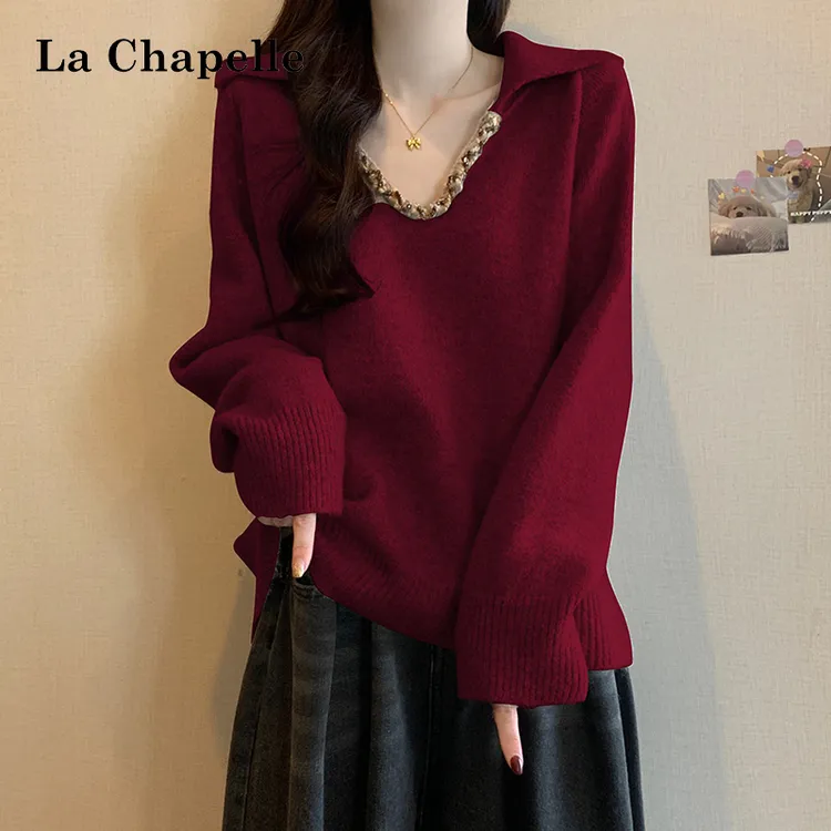 拉夏贝尔2026新款V领酒红色套头毛衣女慵懒风大码气质针织衫春秋