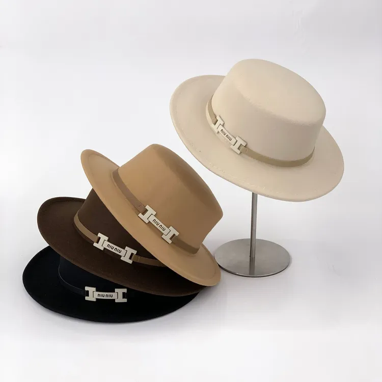 TIFICY户外新款平顶帽子女秋冬巴拿马毛呢礼帽平沿英伦复古皮带出