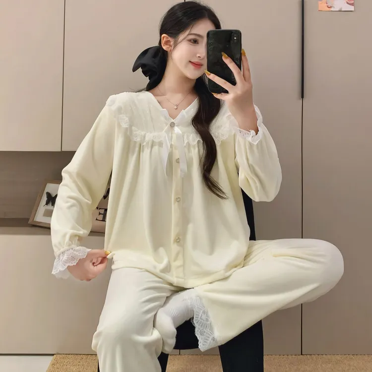 秋冬睡衣女长袖海岛绒开衫加厚保暖甜美公主风花边冬季家居服套装