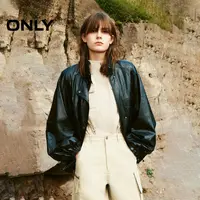 ONLY2025冬季新款做旧按扣PU夹棉插肩立领宽松外套女|1254PU001