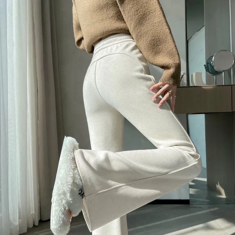 实拍现货2024秋冬新款加绒羊绒裤子女微喇叭高腰羊绒休闲拖地裤女