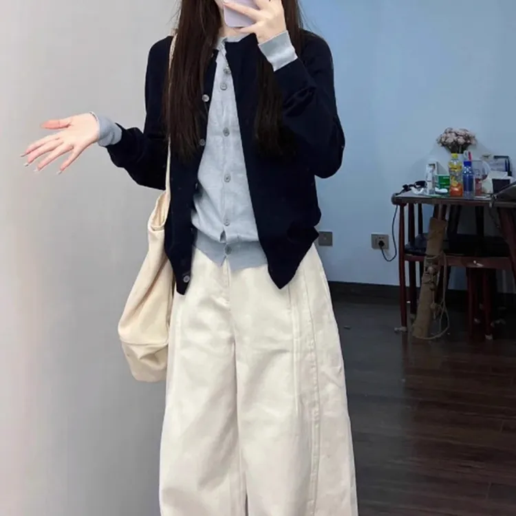 韩系撞色假两件针织开衫女早秋设计感毛衣外套秋冬时尚高级感上衣