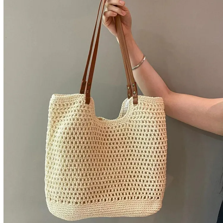 文艺森系编织大容量包包外出旅游轻便镂空草编包网纹托特包E501