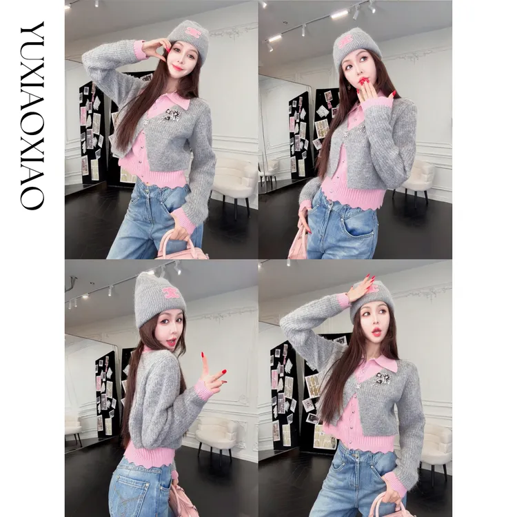 余潇潇【藤野艺术家】羊驼毛羊毛混纺纱线翻领叠穿假两件开衫毛衣