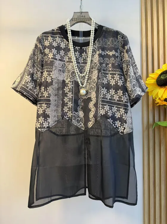 大码女装2025夏季胖mm宽松洋气轻奢拼花精致短袖T恤休闲百搭上衣