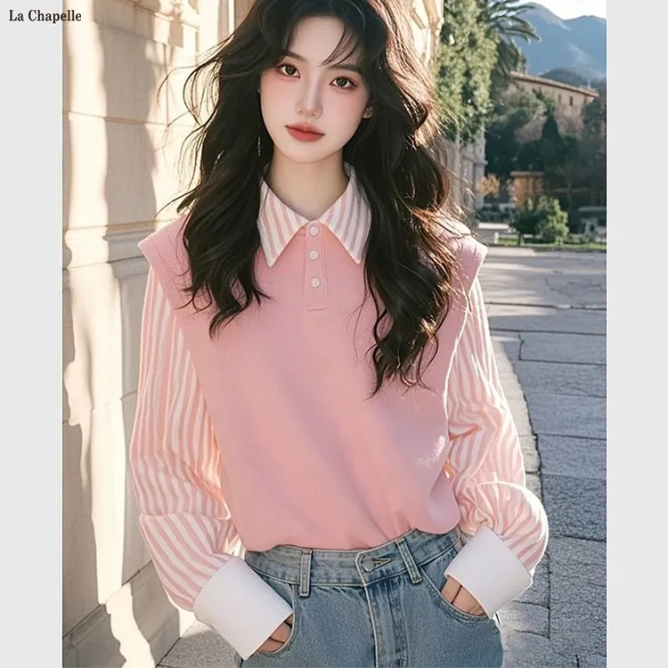 拉夏贝尔气质减龄粉色条纹拼接polo领衬衫女2005秋季洋气长袖上衣