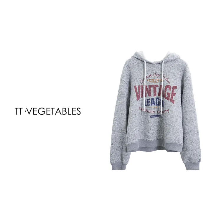 TT・VEGETABLES【序白】司诺 纯棉灰色连帽卫衣长袖印花上衣521111