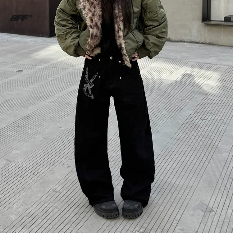 8FF大不相同/25秋冬新款图案印花朋克直筒宽松休闲裤高街黑色长裤
