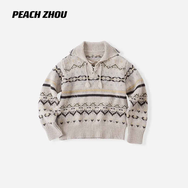 PEACHZHOU 绵羊毛费尔岛提花宽松翻领系带流苏毛衣复古休闲针织衫