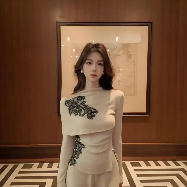 小众独特气质设计感长袖针织衫上衣女高腰休闲长裤子两件套装ins