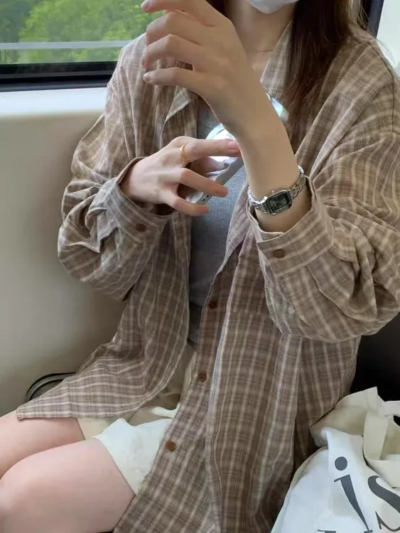 慵懒温柔风长袖polo红色格子衬衫女叠穿宽松遮肉显瘦衬衣外穿上衣