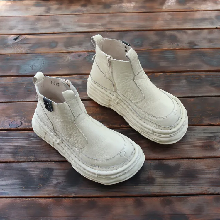 真皮厚底短靴女秋冬新款单靴森女手工百搭增高靴子文艺复古马丁靴