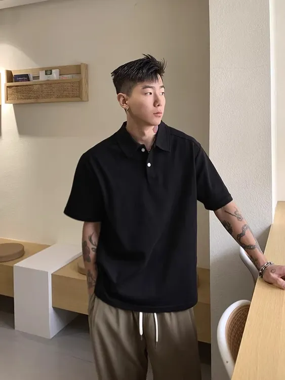 加肥加大码300斤美式重磅黑色短袖polo衫男夏季痞帅翻领半袖上衣