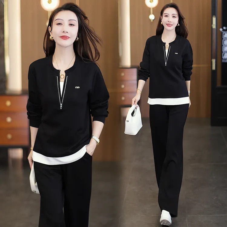 休闲套装女2025秋季新款时尚简约气质减龄假两件卫衣阔腿裤两件套