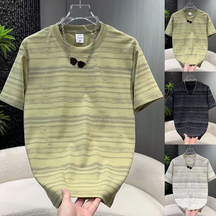 短袖夏季条纹复古破洞男士T恤潮流休闲情侣高街半袖设计感气质潮t