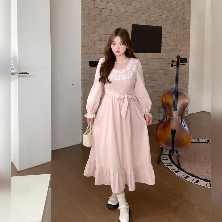 徐达布【山野仙境】大码气质连衣裙女微胖粉色长袖裙子L38895C53